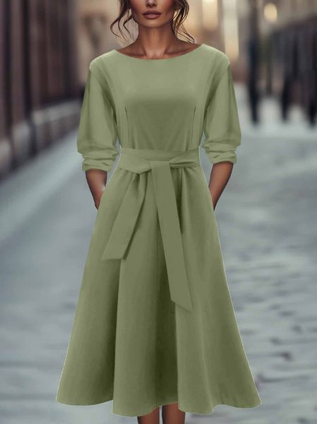 

Women Plain Spring/Fall Dress Crew Neck Long Sleeve A-Line Dress, Green, Dresses