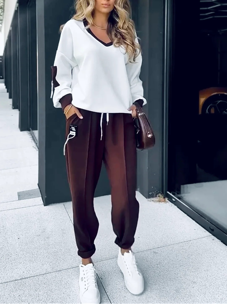 

Women Color Block Two-Piece Set Daily Long Sleeve Casual Spring/Fall Top With Pants Matching Set, White, Sets