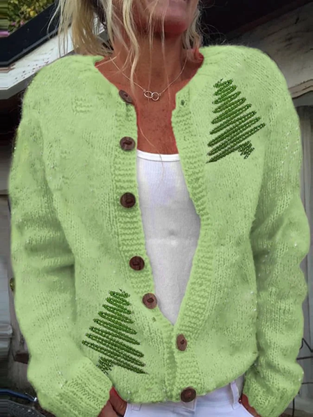 

Women Christmas Printing Long Sleeve Crew Neck Vintage Spring/Fall Cardigan Outerwear, Green, Cardigans