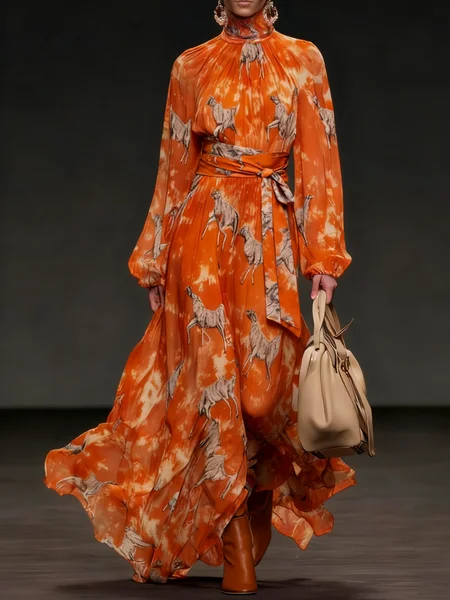 

Vacation Animal Turtleneck Maxi Dress Belt, Orange, Maxi Dresses