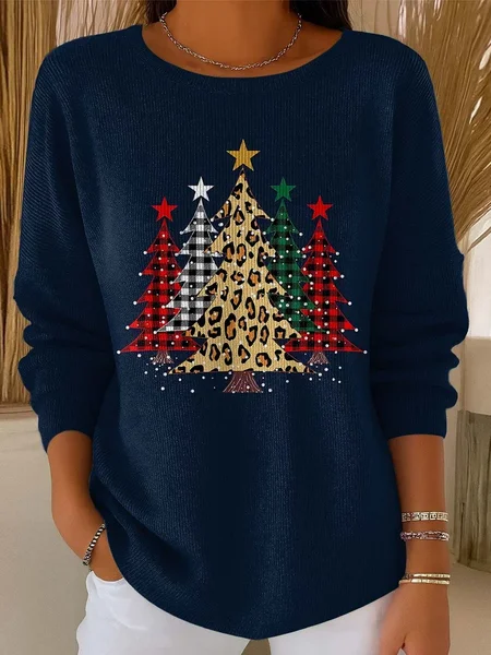 

Women Christmas Tree Printing Spring/Fall Casual Long Sleeve Crew Neck Sweater, Purplish blue, Sweaters