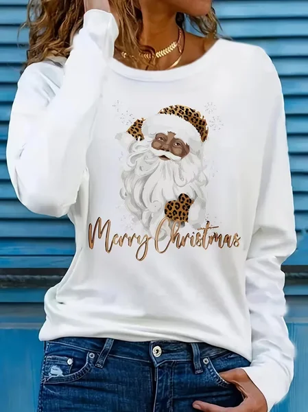 

Women Santa Claus Long Sleeve Tee T-shirt Crew Neck Printing Casual Spring/Fall Graphic Tee Top, White, T-Shirts