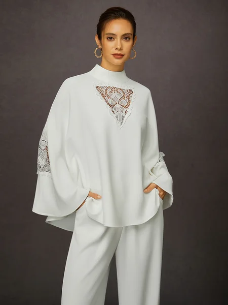 

Sheer Lace Patch Top - Versatile Urban Style for Social Occasions, White, Blouses and Shirts