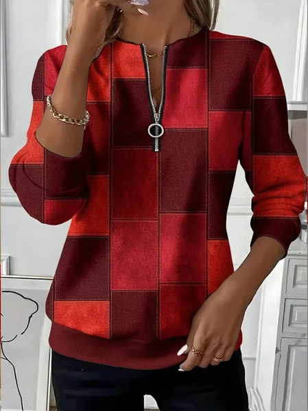 

Casual Crew Neck Abstract Plaid Sweatshirt Printing, Red, Hoodies & Sweatshirts
