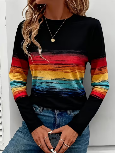 

Casual Abstract Crew Neck Long Sleeve T-shirt, Black, T-shirts