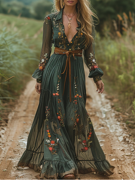 

Women Floral Spring/Fall Dress V Neck Long Sleeve A-Line Dress, Green, Dresses