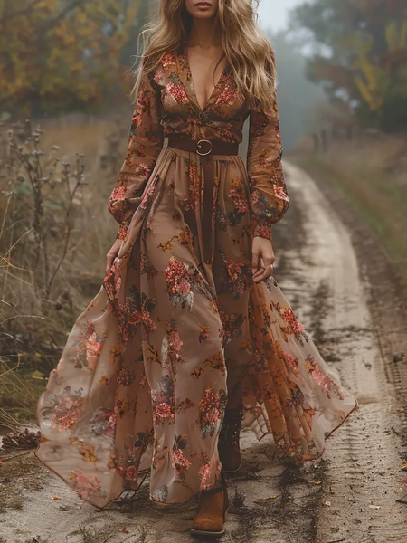 

Women Floral Spring/Fall Dress V Neck Long Sleeve H-Line Dress, Deep brown, Dresses