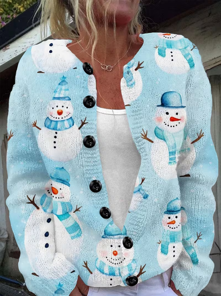 

Women Christmas Snowman Long Sleeve Comfy Vintage Printing Cardigan, Blue, Cardigans
