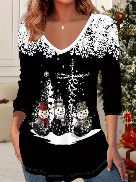 

Women Christmas Snowman Long Sleeve Tee T-shirt V Neck Printing Casual Spring/Fall Graphic Tee Top, Black, T-Shirts