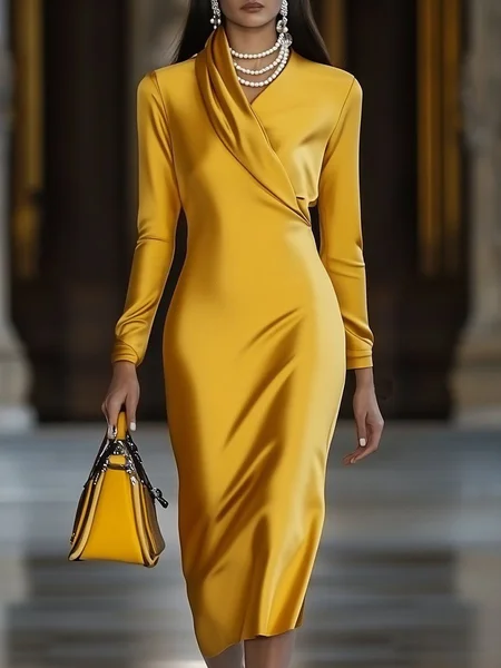 

Elegant Plain Asymmetrical Neck Midi Dress, Yellow, Midi Dresses