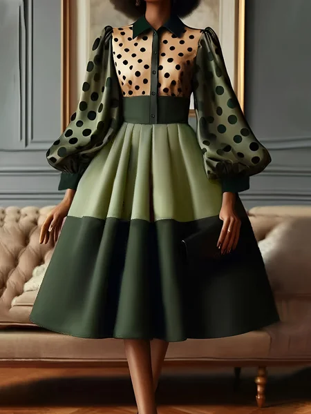 

Elegant Polka Dots Balloon Sleeve Printing Shirt Collar Midi Dress, Green, Midi Dresses