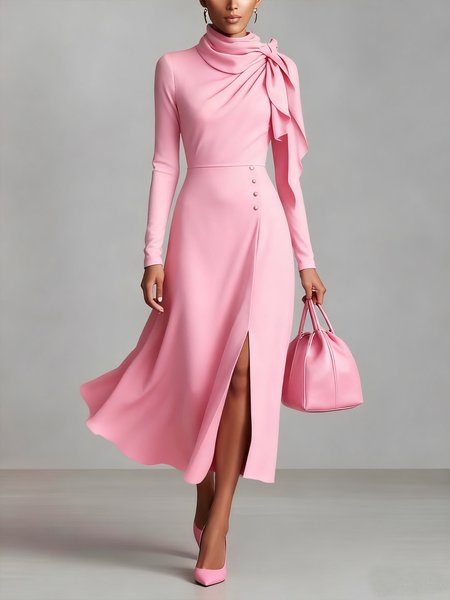 

Elegant Plain Regular Sleeve Side-Slit Stand Collar Midi Dress, Pink, Midi Dresses