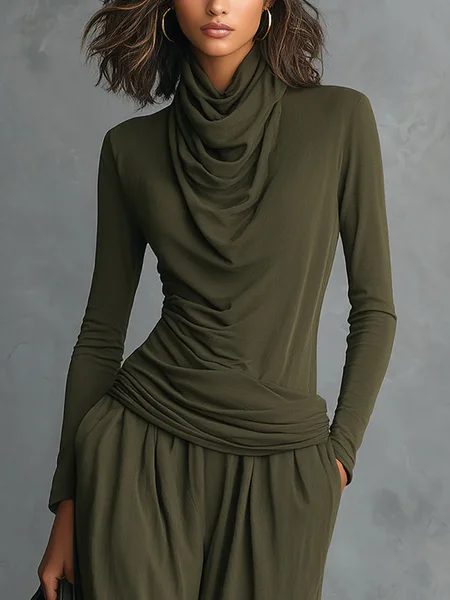 

Casual Plain Ruched Cowl Neck T-shirt, Green, Tees