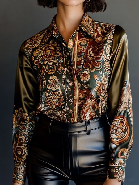 

Urban Floral Printing Shirt Collar Regular Sleeve Shirt, As picture, Blouses and Shirts