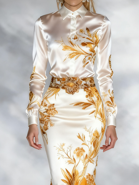 Elegant Floral Shirt Collar Shirt