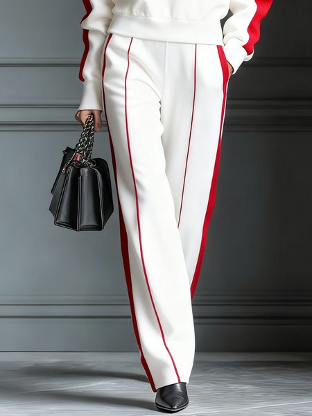 

Casual Color Block Straight Pants, White-red, Pants