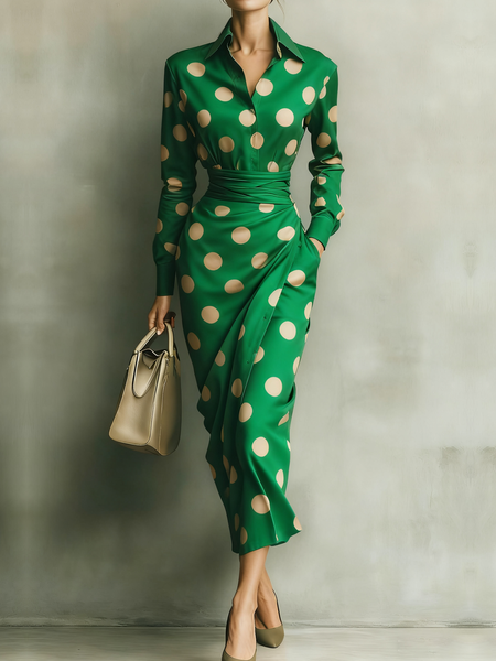 

Urban Polka Dots Shirt Collar Maxi Dress With Belt, Green, Midi Dresses