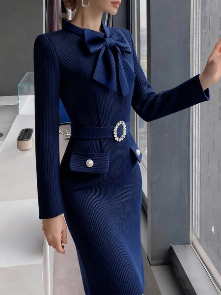 

Elegant Plain Bow Sweater Knee Length Dress, Deep blue, Maxi Dresses