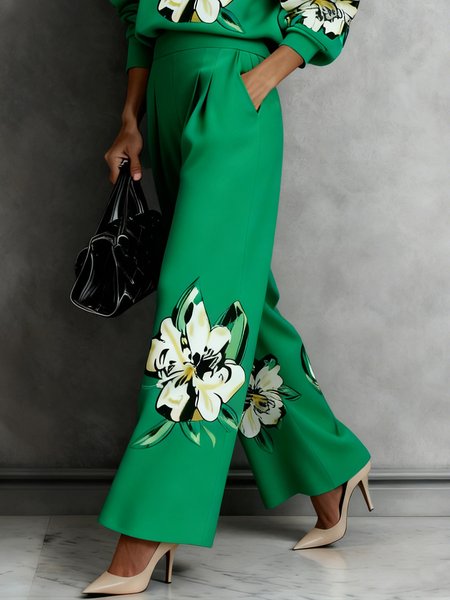 

Urban Floral Printing Fashion Straight Pants, Green, Pants