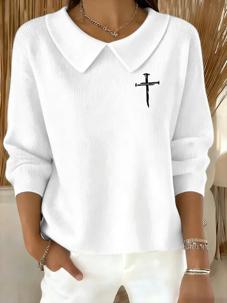 

Women Cross Printing Spring/Fall Casual Long Sleeve Shawl Collar Sweater, White, Sweaters