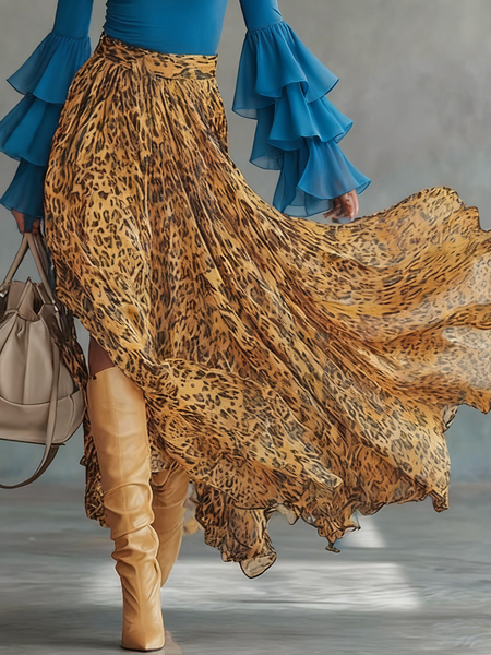 

Urban Leopard Midi Skirt With Belt, As picture, Skirts