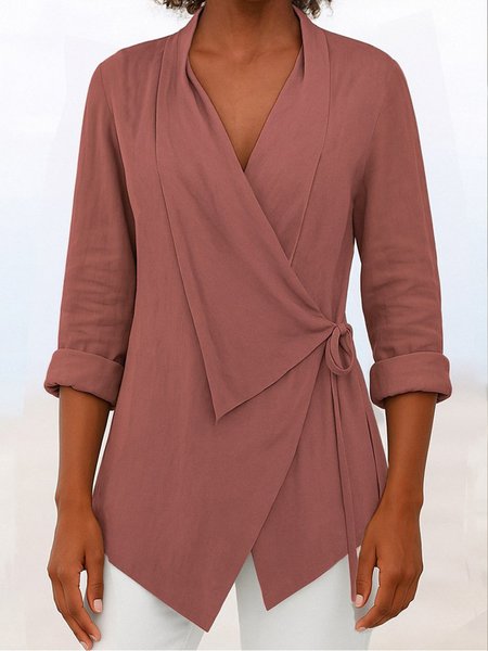 

Shawl Collar Long Sleeve Plain Regular Regular Fit Blouse For Women, Brick red, Blouses