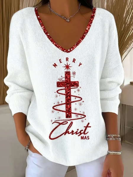 

Casual Christmas V Neck Long Sleeve T-shirt, White, Sweaters