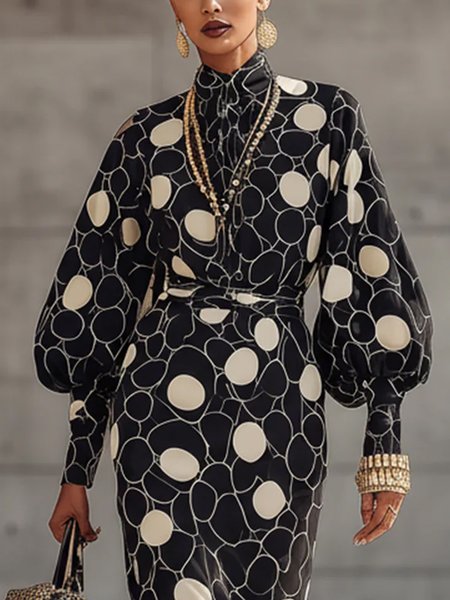 

Urban Abstract Polka Dots Printing Stand Collar Balloon Sleeve Blouse, Black, Blouses and Shirts