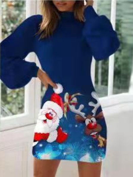

Women Christmas Snowman Long Sleeve Spring/Fall Printing Dress Crew Neck Balloon Sleeve Daily Casual Midi Hip Skirt A-Line Dress, Deep blue, Dresses