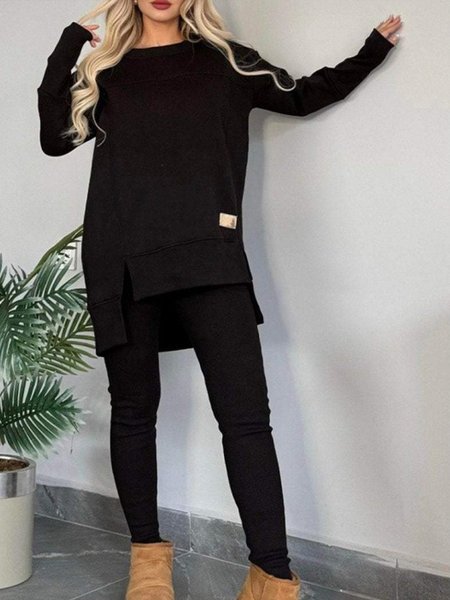 

Women Plain Beaded Two-Piece Set Daily Long Sleeve Casual Spring/Fall Top With Pants Matching Set, Black, Sets