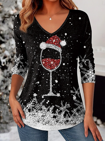 

Casual Christmas V Neck Long Sleeve T-shirt, Multicolor, T-shirts
