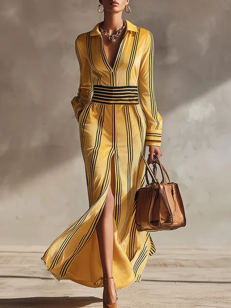 

Urban Striped Slit Shawl Collar Maxi Dress, Yellow, Midi Dresses