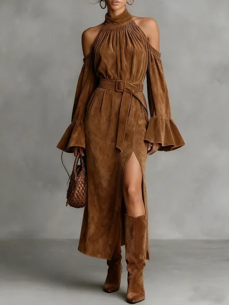 Urban Plain Off Shoulder Sleeve Suede Side-Slit  Midi Dress With Belt