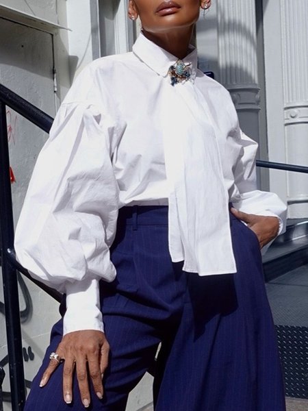 

Cotton Urban Plain Shirt Collar Balloon Sleeve Shirt Brooch, White, Blouses and Shirts