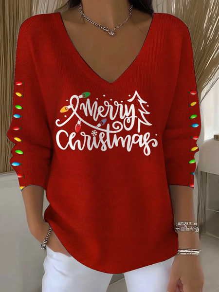 

Casual Christmas V Neck Long Sleeve T-shirt, Red, Sweaters