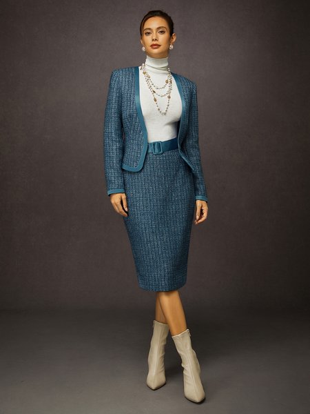 

Elegant Tweed Skirt Set - Sophisticated Ensemble for Social Wear, Blue, Midi Skirts