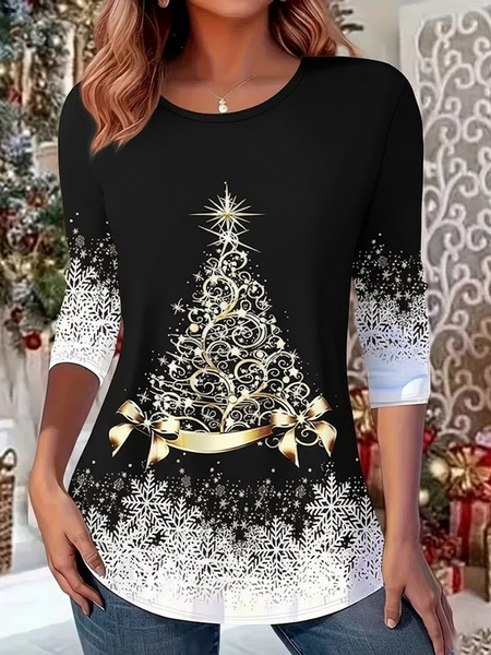 

Casual Christmas Crew Neck Long Sleeve T-shirt, Black, T-shirts