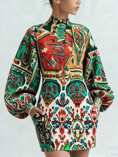 

Elegant Random Print Balloon Sleeve Printing Stand Collar Mini Dress, As picture, Midi Dresses
