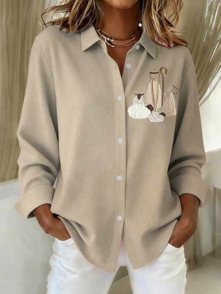 

Shirt Collar Long Sleeve Christmas Regular Loose Shirt For Women, Khaki, Shirts