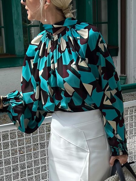 

Elegant Abstract Graphic Printing Mock Neck Blouse, As picture, Blouses and Shirts