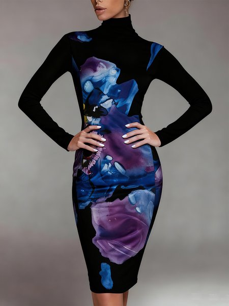 

Elegant Random Print Printing Mock Neck Knee Length Dress, As picture, Midi Dresses