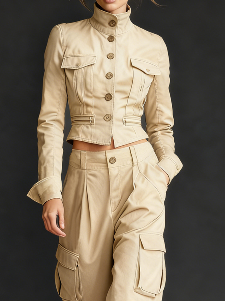 

Urban Plain Stand Collar Jacket, Apricot, Jackets