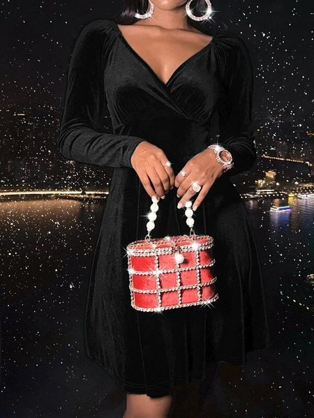 

Women Plain Long Sleeve Spring/Fall Split Joint Dress V Neck Daily Casual Midi Party Dress A-Line Dress, Black, Dresses