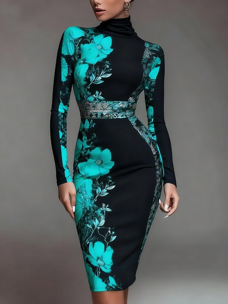 

Elegant Floral Printing Stand Collar Midi Dress, Cyan, Midi Dresses