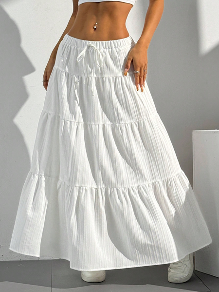 

Solid Color Midi Skirt With Elastic Waist And Tie Full Skirt Loose And Long, White, Skirts