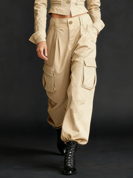 

Urban Plain Pocket Stitching Cargo Pants, Apricot, Pants