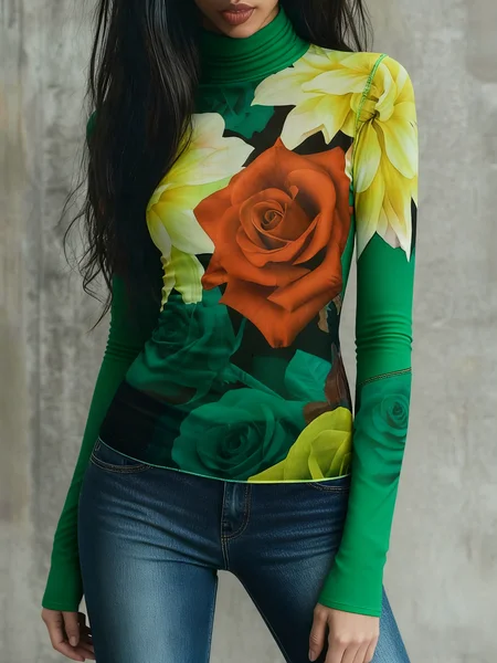

Urban Floral Turtleneck T-shirt, As picture, Tees