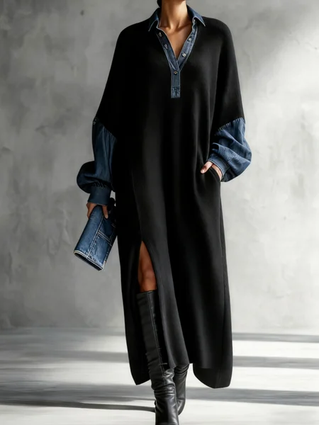

Casual Color Block Shirt Collar Maxi Dress, Black, Maxi Dresses