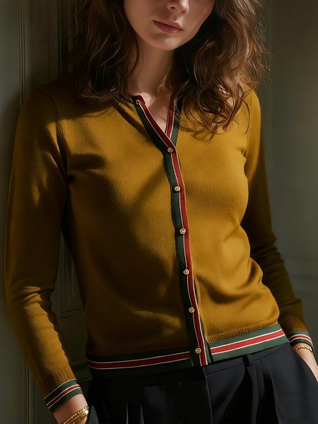 

Casual Color Block Crew Neck Sweater Cardigan, As picture, Cardigans