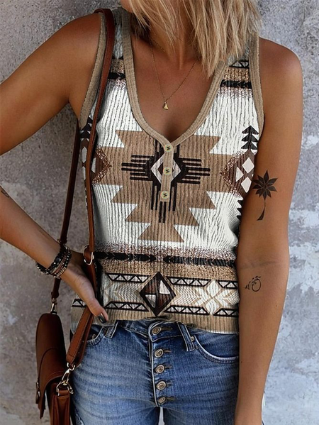 

Casual V Neck Geometric Tank Top, Khaki, Tanks & Camis